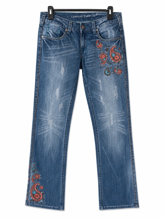 Cowgirl Tuff Denim - Cowgirl Tuff Blue Denim Wide-Leg Jeans with Orange Paisley Embroidery